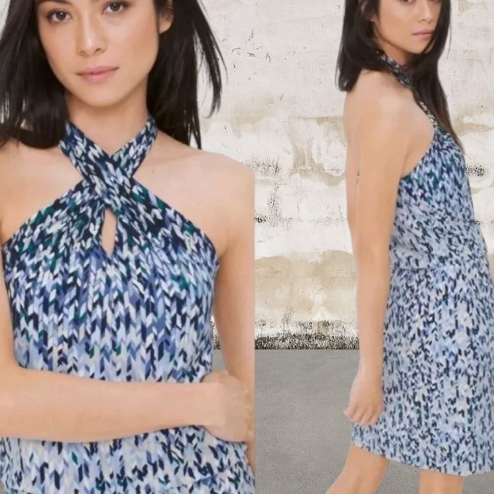 White House Black Market Stretch Blue Mini Halter Dress Size Medium